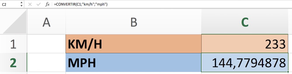 kmh a mph en Excel