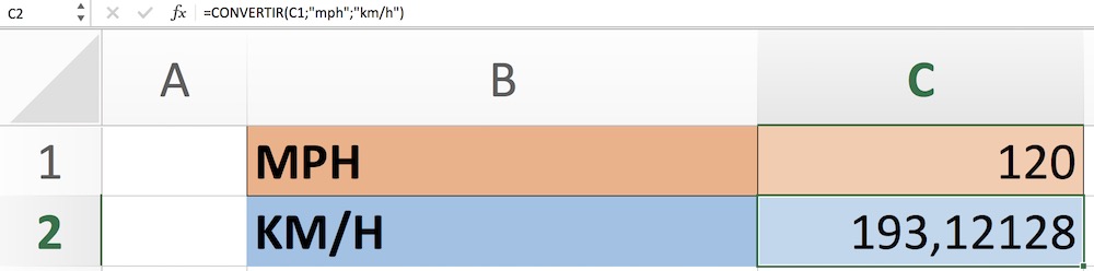 Mph a kmh en Excel