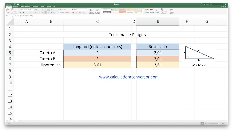 Teorema de Pitágoras en Excel