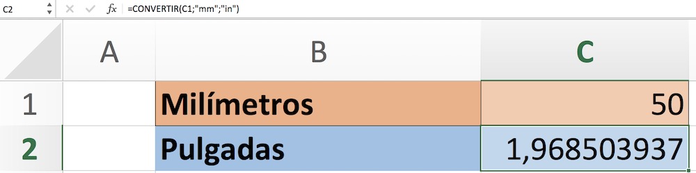 mm a pulgadas en Excel