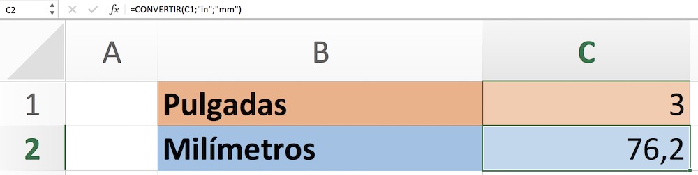 Pulgadas a mm en Excel