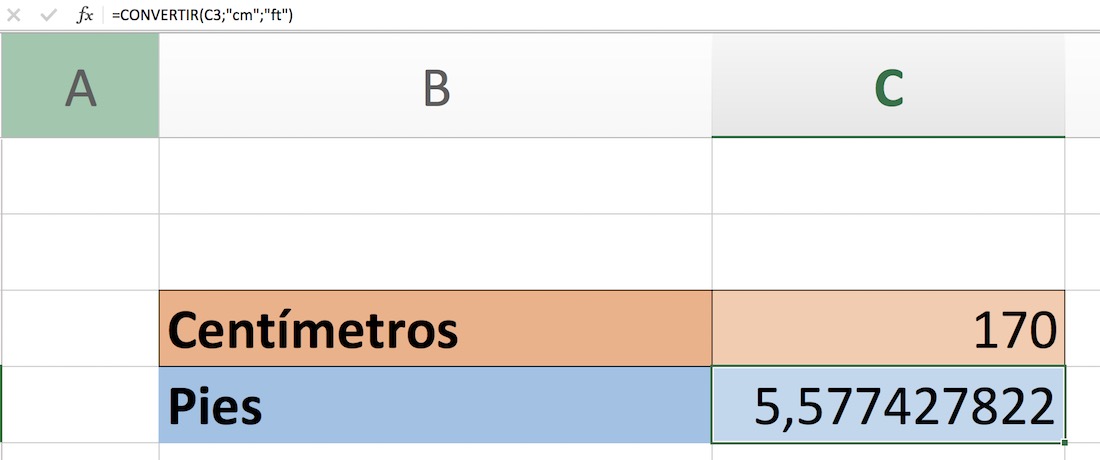 cm a pies en Excel