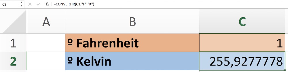 Conversión de Fahrenheit a Kelvin en Excel