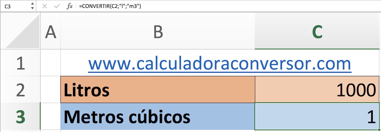 Litros a metros cúbicos en Excel