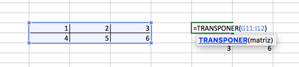 Función transponer en Excel