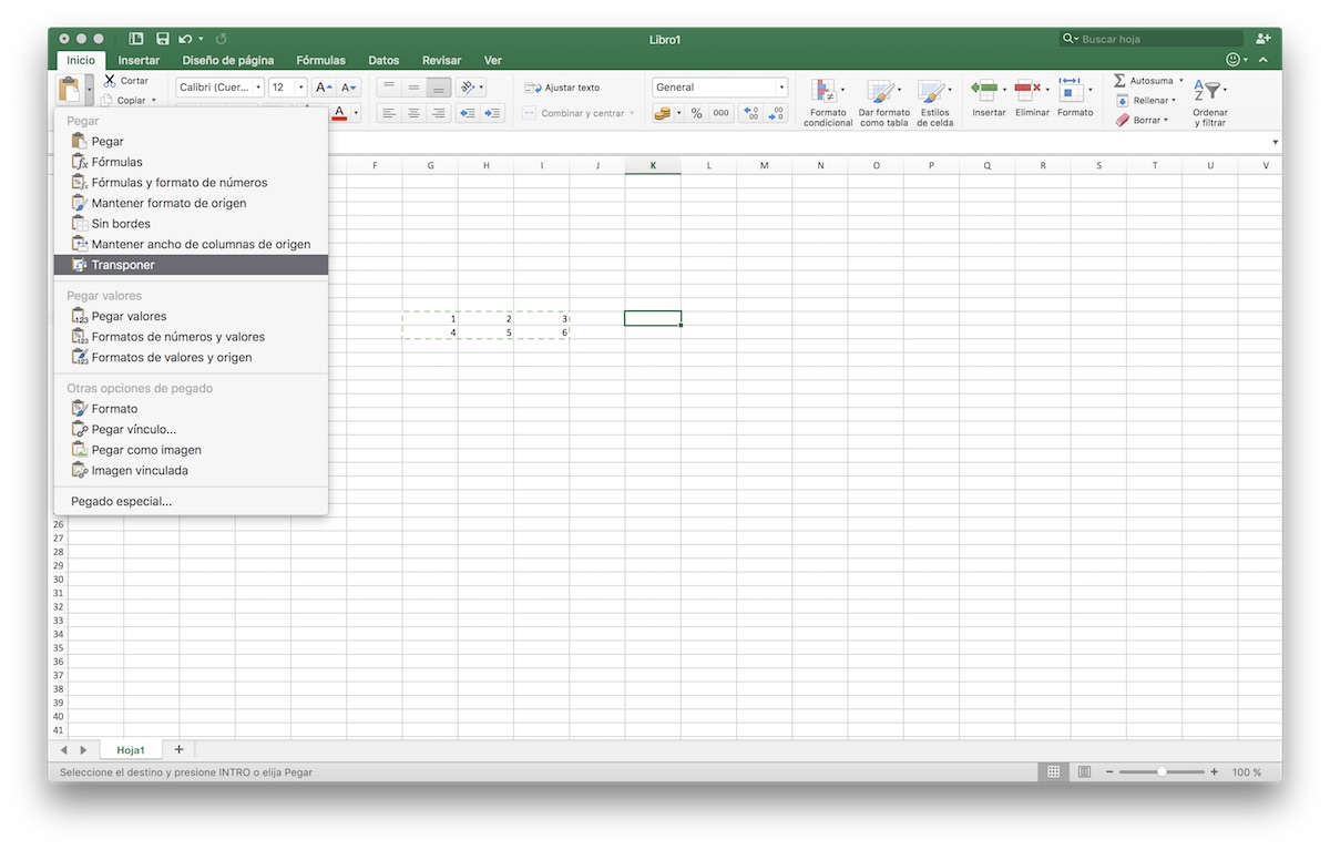 Matriz transpuesta en Excel