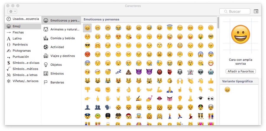 Panel de símbolos ASCII y emojis en OS X