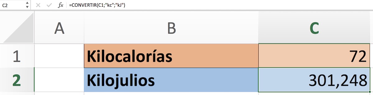 Kcal a Kj en Excel