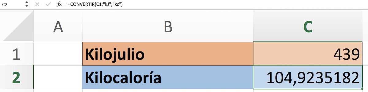 Kj a Kcal en Excel