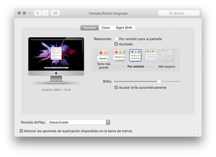 Resolución de pantalla configurada en Mac